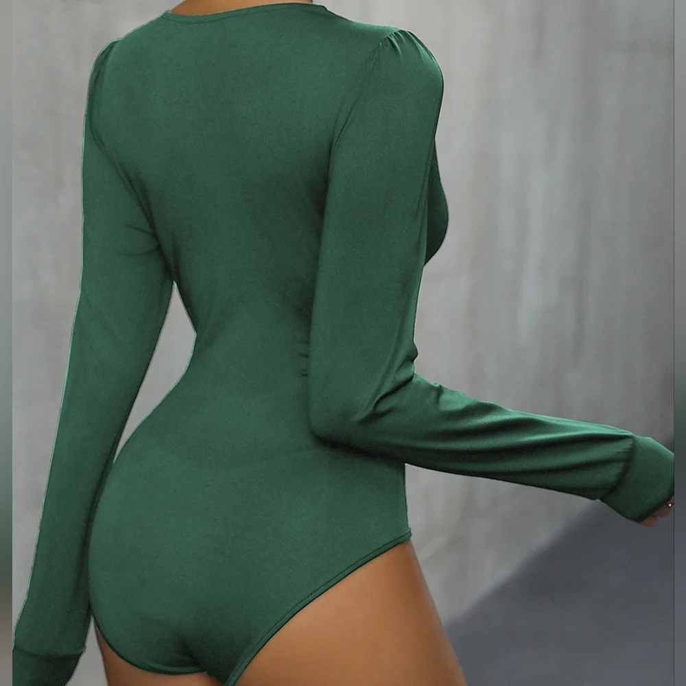 Green Lace Detail Long Sleeve Bodysuit - Picture 3 of 11